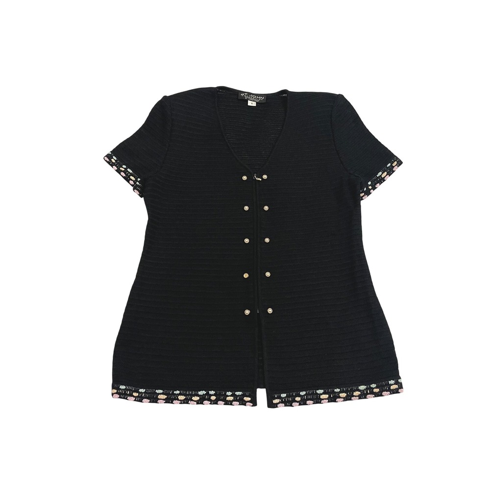 St. John by Marie Gray Knit Cardigan Size 6 Black Pearl Button‎ Pastel Trim READ